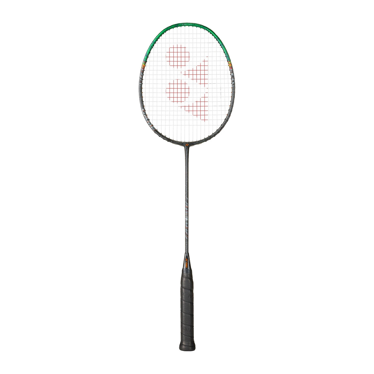 Yonex Astrox 99 Game badminton racquet in black and green — full front view showing isometric head, graphite frame and black grip