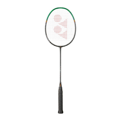 Yonex Astrox 99 Game badminton racquet in black and green — full front view showing isometric head, graphite frame and black grip