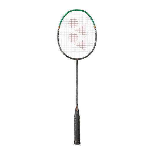 Yonex Astrox 99 Game badminton racquet in black and green — full front view showing isometric head, graphite frame and black grip
