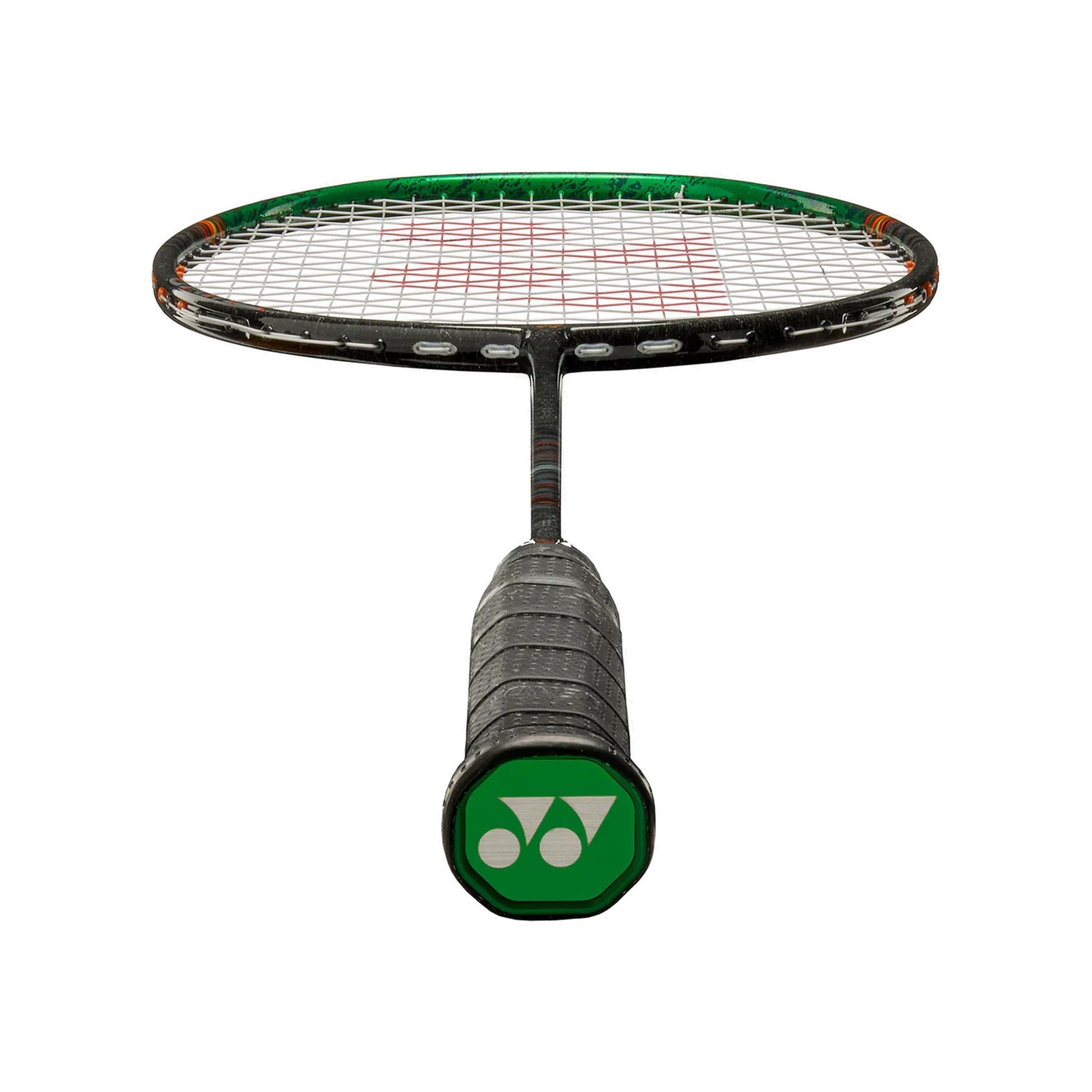 Angled view of the Yonex Astrox 99 Game badminton racquet head and grip, showing green frame top and green Yonex end-cap logo