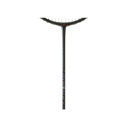Close-up of the Yonex Astrox 99 Game badminton racquet shaft showing marbled black graphite finish with orange and blue