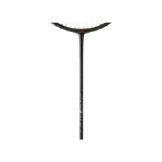 Close-up of the Yonex Astrox 99 Game badminton racquet shaft showing marbled black graphite finish with orange and blue