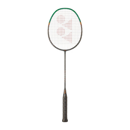 Yonex Astrox 99 Play badminton racquet in green and black — full front view showing isometric head, graphite frame and dark grip