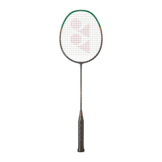 Yonex Astrox 99 Play badminton racquet in green and black — full front view showing isometric head, graphite frame and dark grip