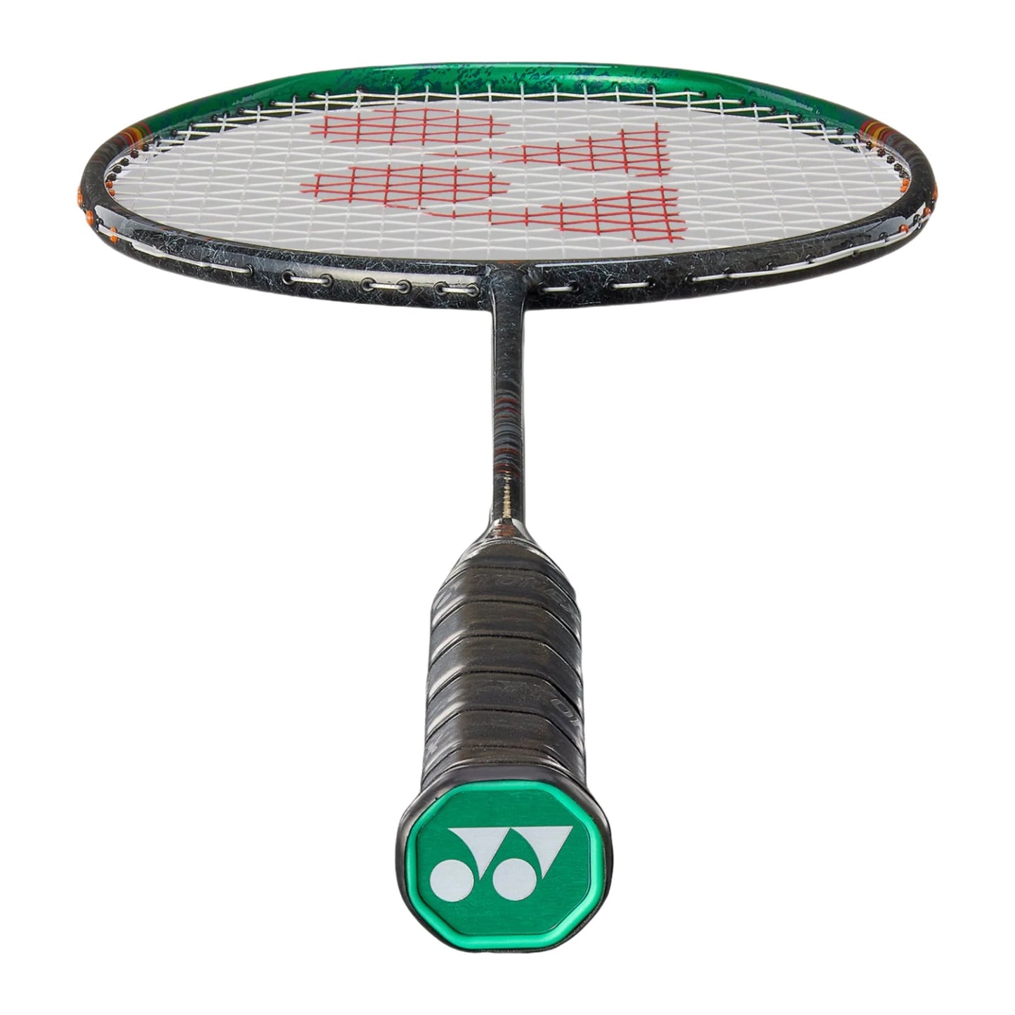 Close-up of the Yonex Astrox 99 Play badminton racquet shaft showing marbled black graphite finish with orange accents