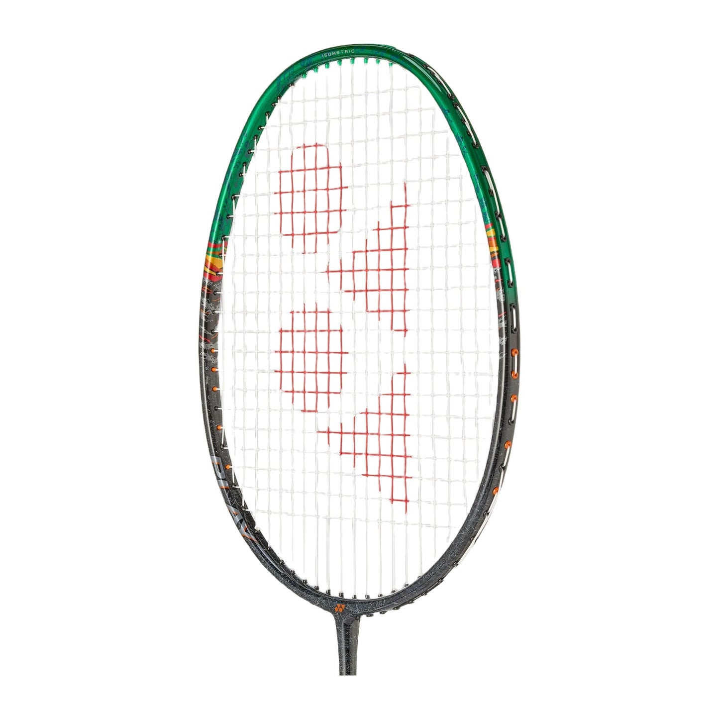 Angled view of the Yonex Astrox 99 Play badminton racquet head and grip, showing green frame top and green Yonex end-cap logo