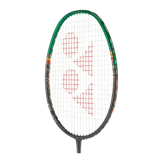 Angled view of the Yonex Astrox 99 Play badminton racquet head and grip, showing green frame top and green Yonex end-cap logo