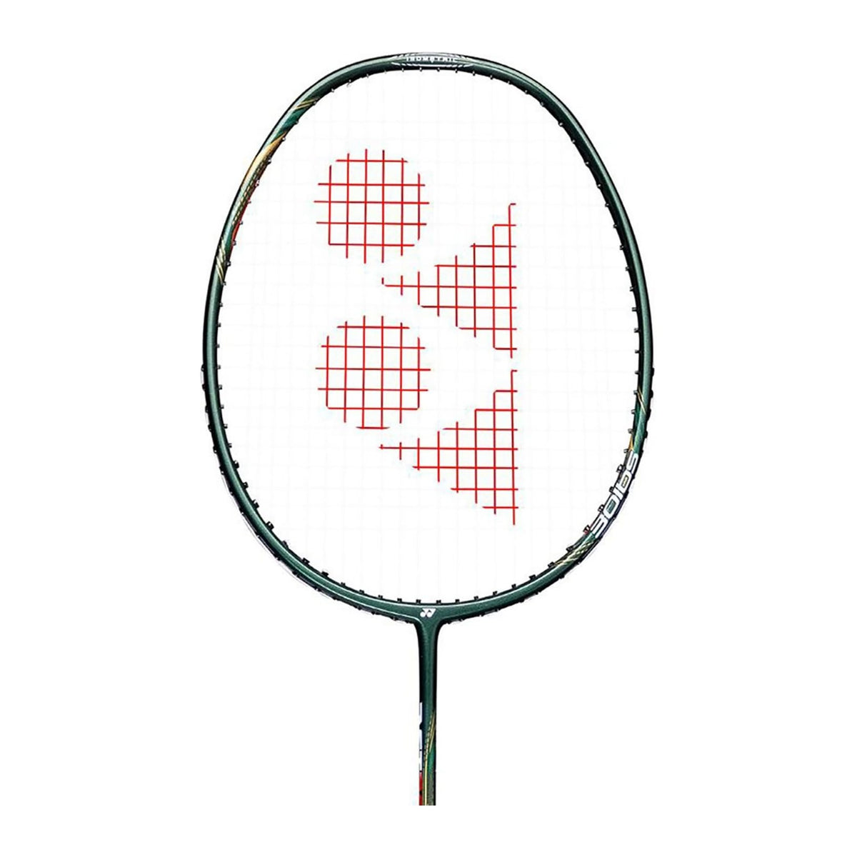 Close-up of the Yonex Astrox Lite 43i badminton racquet head with red Yonex logo, dark green frame and isometric string bed