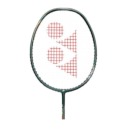 Close-up of the Yonex Astrox Lite 43i badminton racquet head with red Yonex logo, dark green frame and isometric string bed