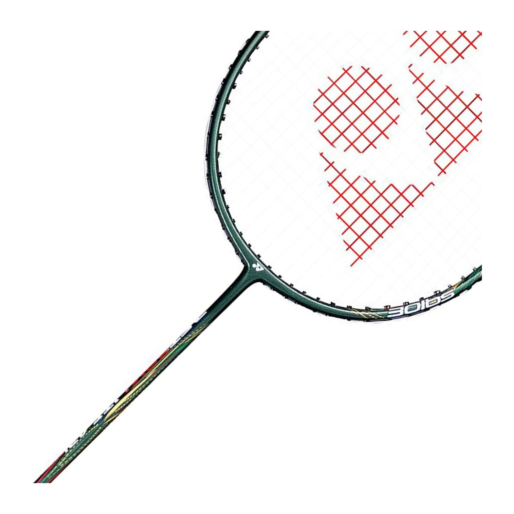 Close-up of the Yonex Astrox Lite 43i badminton racquet throat and T-joint showing the dark green graphite frame