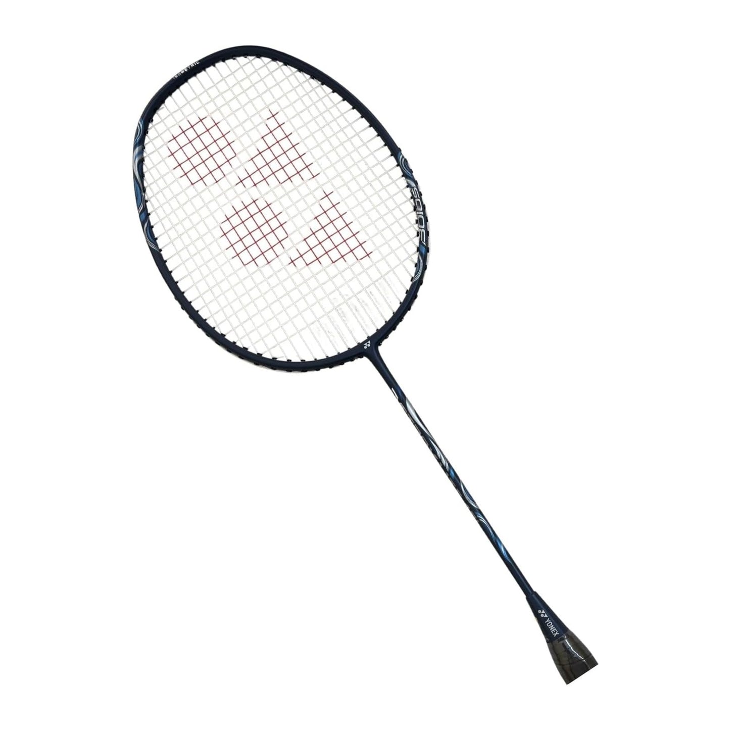 Yonex Astrox Lite 45i badminton racquet at an angle showing the navy blue head-heavy frame and isometric string bed