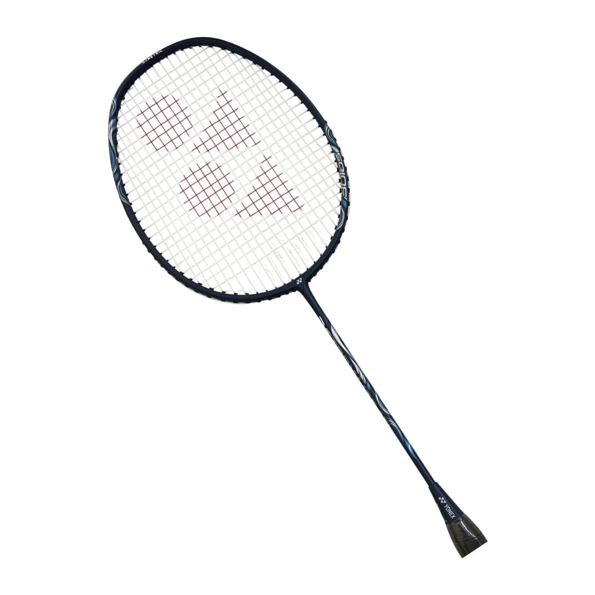Yonex Astrox Lite 45i badminton racquet at an angle showing the navy blue head-heavy frame and isometric string bed