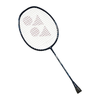 Yonex Astrox Lite 45i badminton racquet at an angle showing the navy blue head-heavy frame and isometric string bed