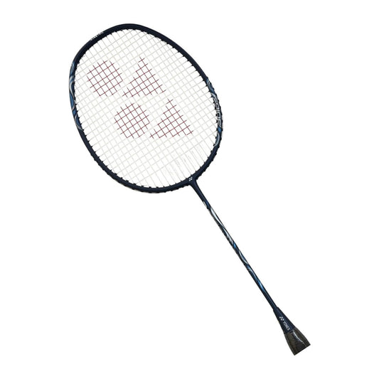 Yonex Astrox Lite 45i badminton racquet at an angle showing the navy blue head-heavy frame and isometric string bed