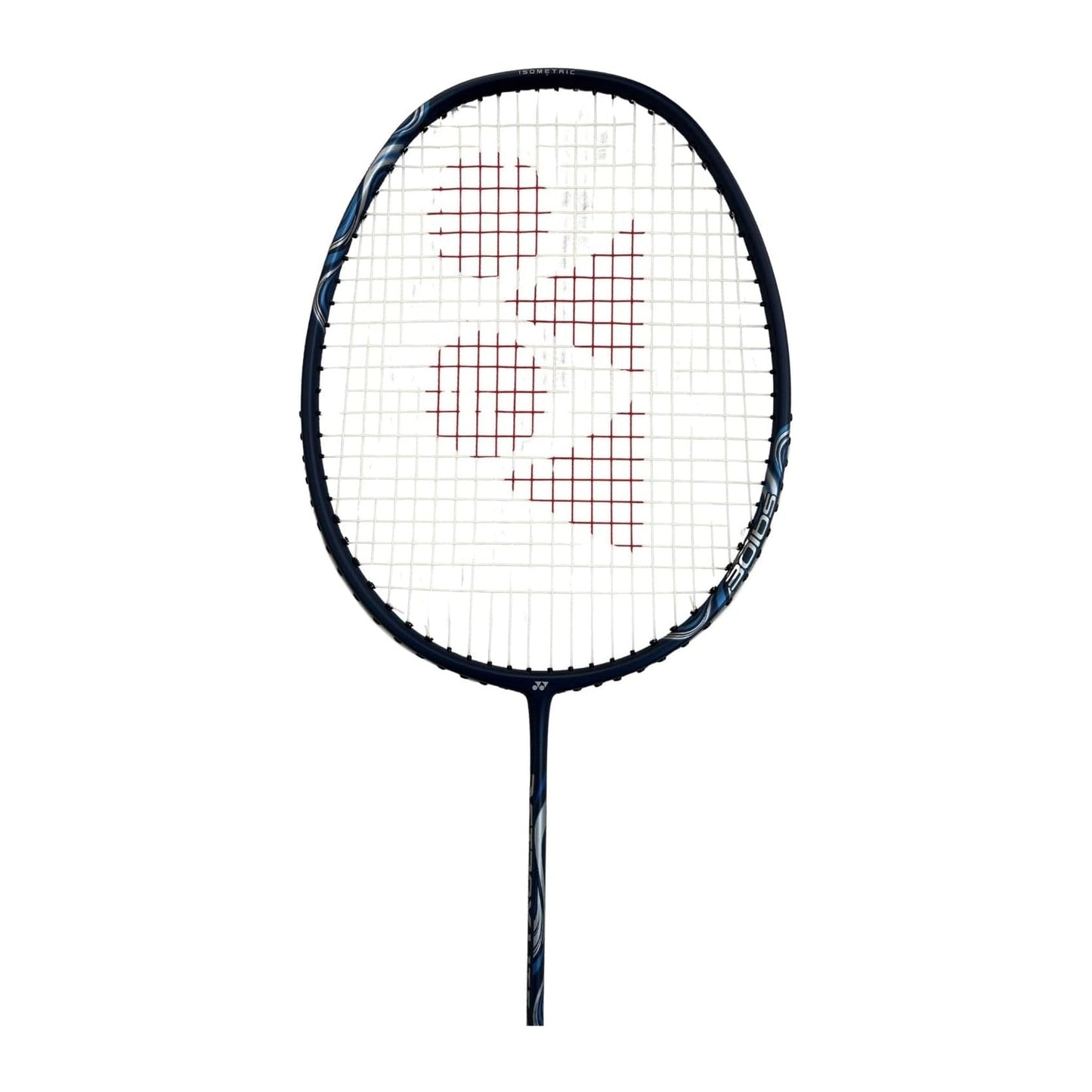 Close-up of the Yonex Astrox Lite 45i badminton racquet head with red Yonex logo, navy blue frame and isometric string bed
