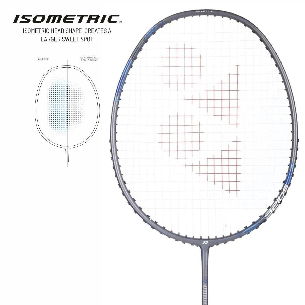 Angled action view of Yonex Attack 9 grey badminton racquet showcasing lightweight frame and aerodynamic performance design