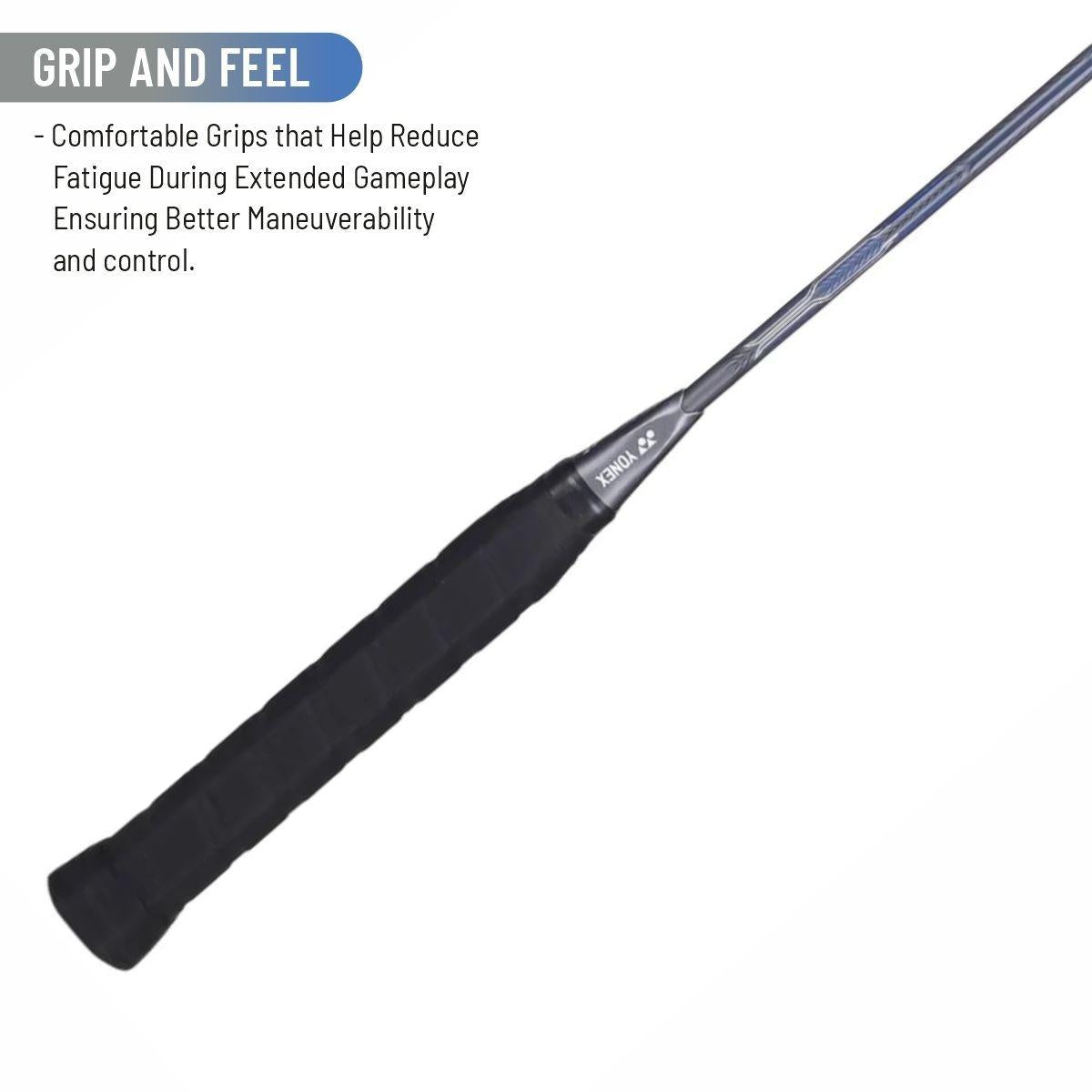 Close-up of Yonex Attack 9 grey badminton racquet handle grip with textured wrap for comfort and control