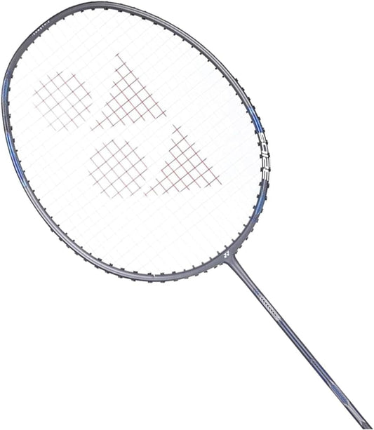 Yonex Attack 9 grey badminton racquet side profile highlighting slim shaft, balanced frame and grey finish
