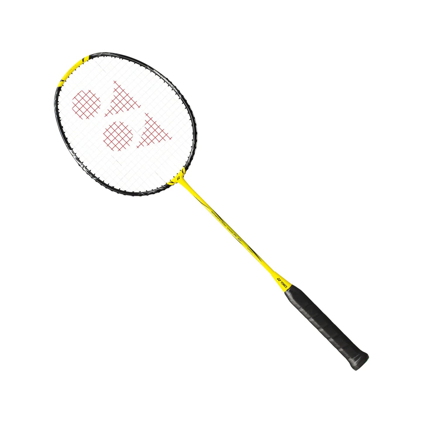 Yonex Nanoflare 1000 Play badminton racquet at an angle — yellow shaft with black head, speed series frame for fast swing and net play