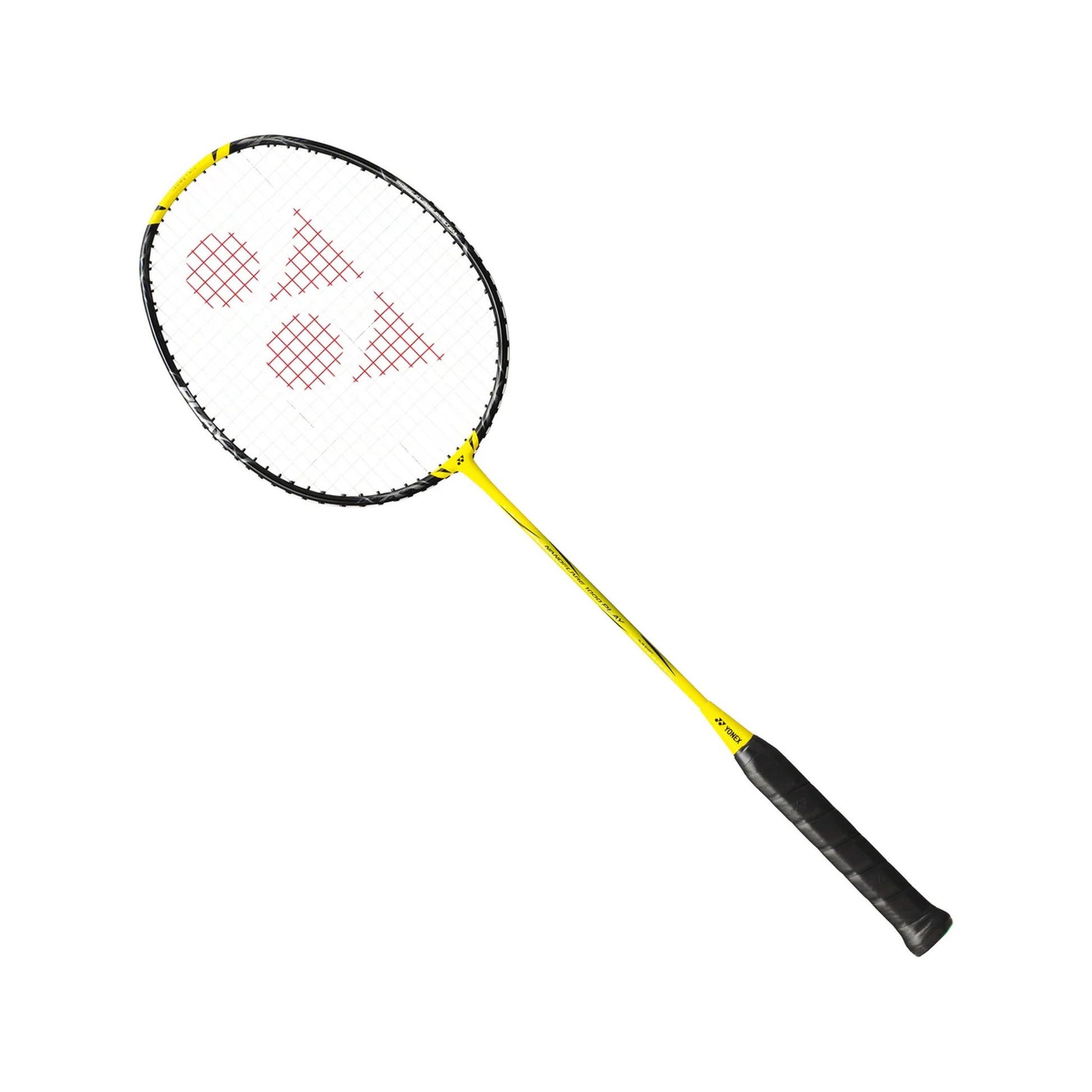 Yonex Nanoflare 1000 Play badminton racquet at an angle — yellow shaft with black head, speed series frame for fast swing and net play
