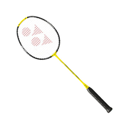 Yonex Nanoflare 1000 Play badminton racquet at an angle — yellow shaft with black head, speed series frame for fast swing and net play