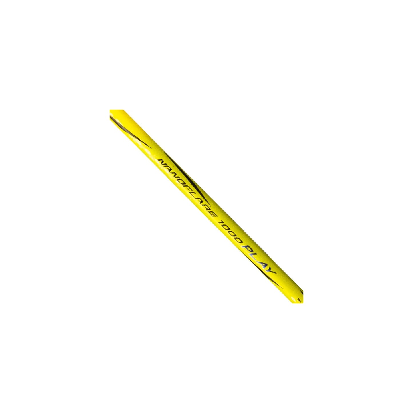 Close-up of the Yonex Nanoflare 1000 Play badminton racquet shaft with "Nanoflare 1000 Play" graphics on a yellow finish