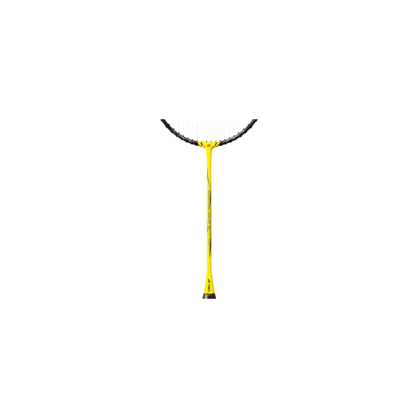 Yellow throat and T-joint of the Yonex Nanoflare 1000 Play badminton racquet showing model branding and graphite shaft