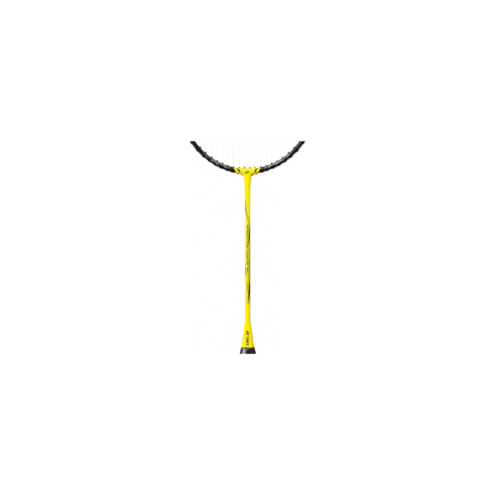 Yellow throat and T-joint of the Yonex Nanoflare 1000 Play badminton racquet showing model branding and graphite shaft