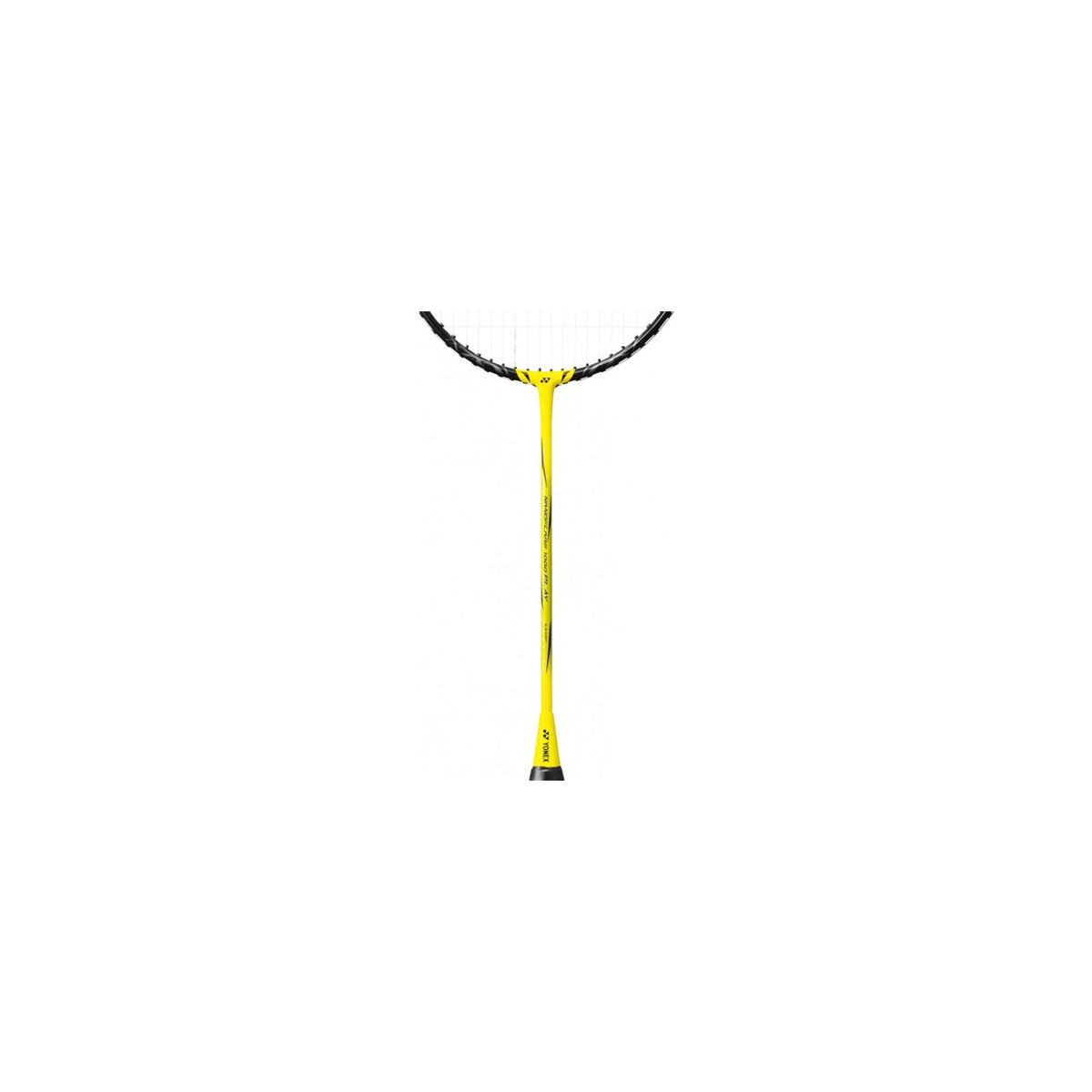 Yellow throat and T-joint of the Yonex Nanoflare 1000 Play badminton racquet showing model branding and graphite shaft