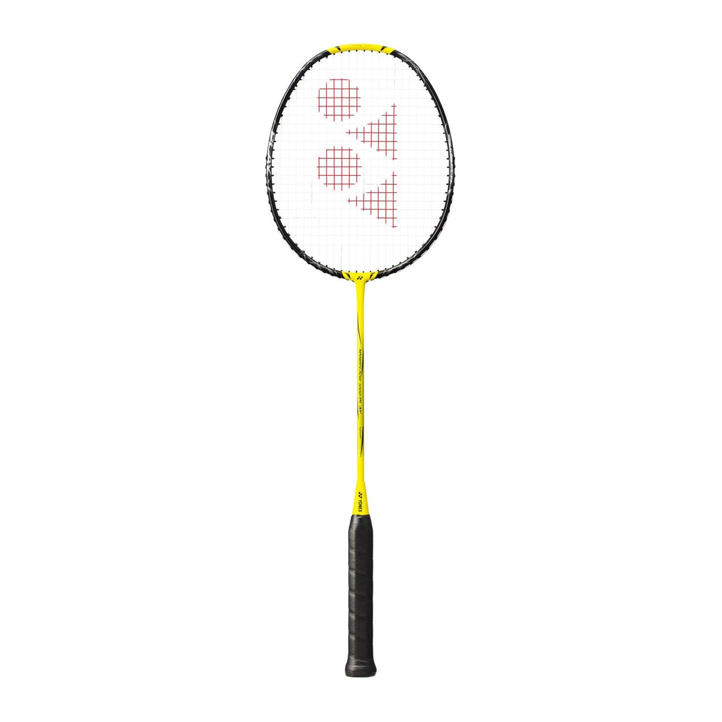 Yonex Nanoflare 1000 Play badminton racquet in yellow and black — full front view showing isometric head, graphite frame and black grip