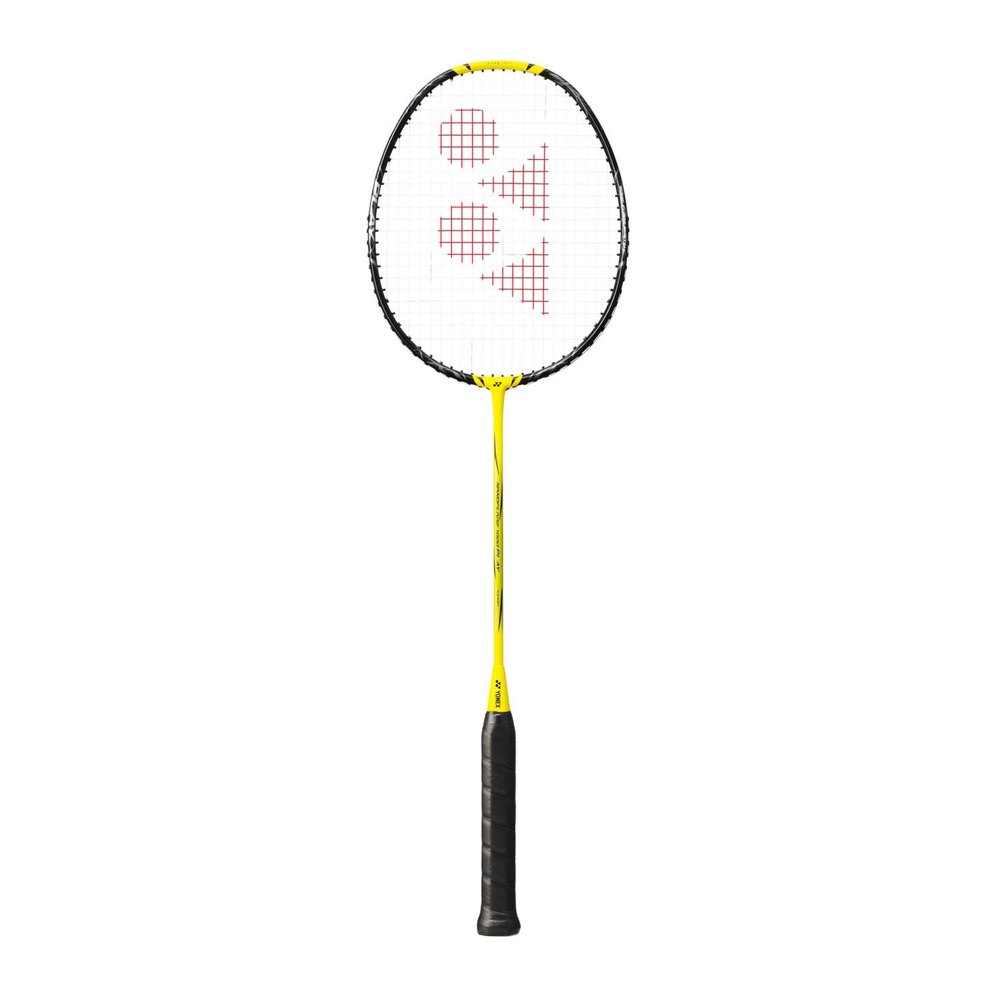 Yonex Nanoflare 1000 Play badminton racquet in yellow and black — full front view showing isometric head, graphite frame and black grip