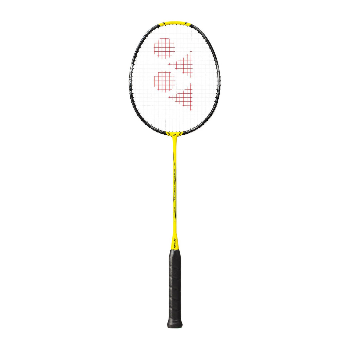 Yonex Nanoflare 1000 Play badminton racquet in yellow and black — full front view showing isometric head, graphite frame and black grip