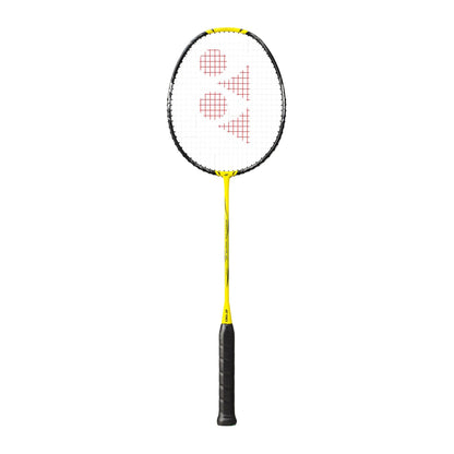Yonex Nanoflare 1000 Play badminton racquet in yellow and black — full front view showing isometric head, graphite frame and black grip