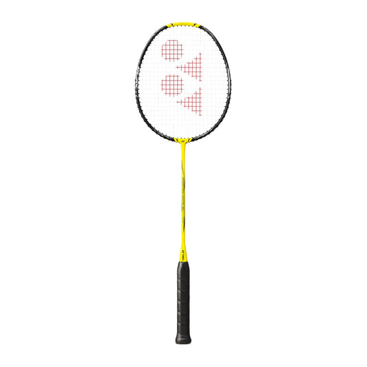 Yonex Nanoflare 1000 Play badminton racquet in yellow and black — full front view showing isometric head, graphite frame and black grip