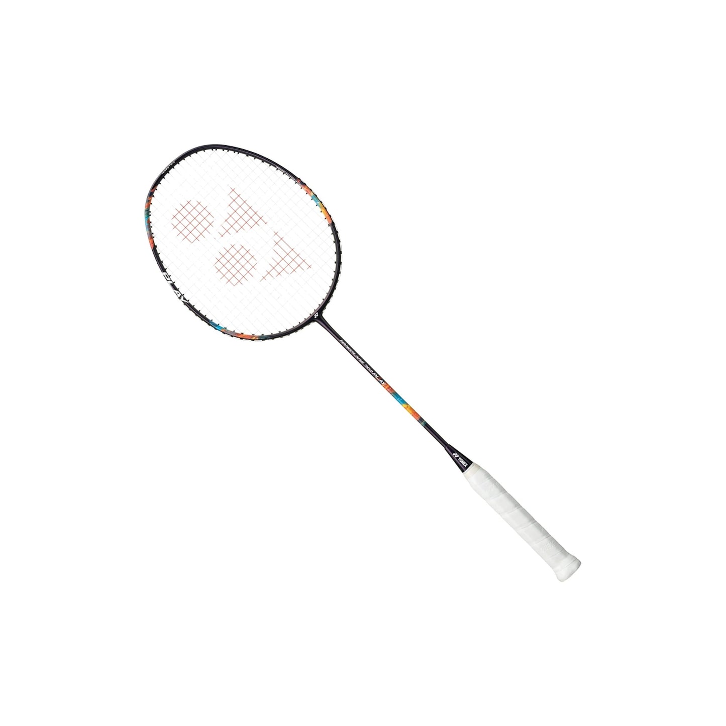 Yonex Nanoflare 700 Play badminton racquet in black — angled full view showing isometric head with purplr accents, dark graphite frame and white grip