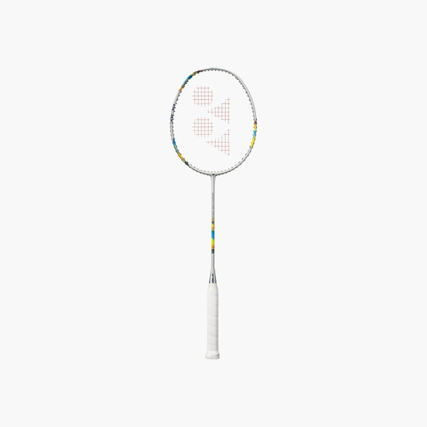Yonex Nanoflare 700 Play badminton racquet in silver and white — full front view showing isometric head, graphite frame and white grip