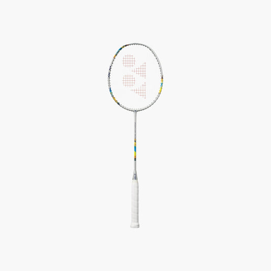 Yonex Nanoflare 700 Play badminton racquet in silver and white — full front view showing isometric head, graphite frame and white grip