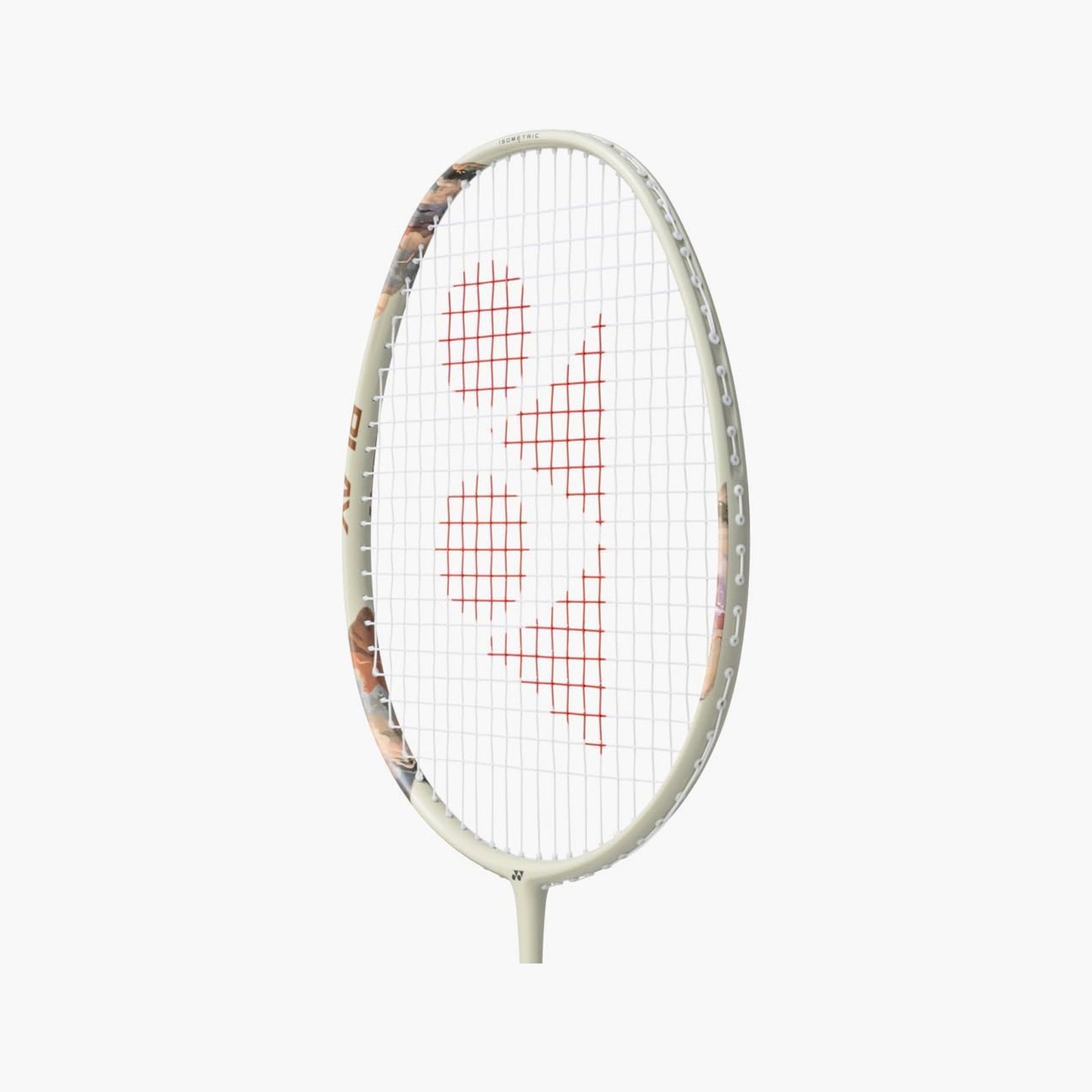 Close-up of the Yonex Nanoflare 700 Play badminton racquet head with red Yonex logo, cream silver and isometric string bed