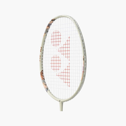 Close-up of the Yonex Nanoflare 700 Play badminton racquet head with red Yonex logo, cream silver and isometric string bed
