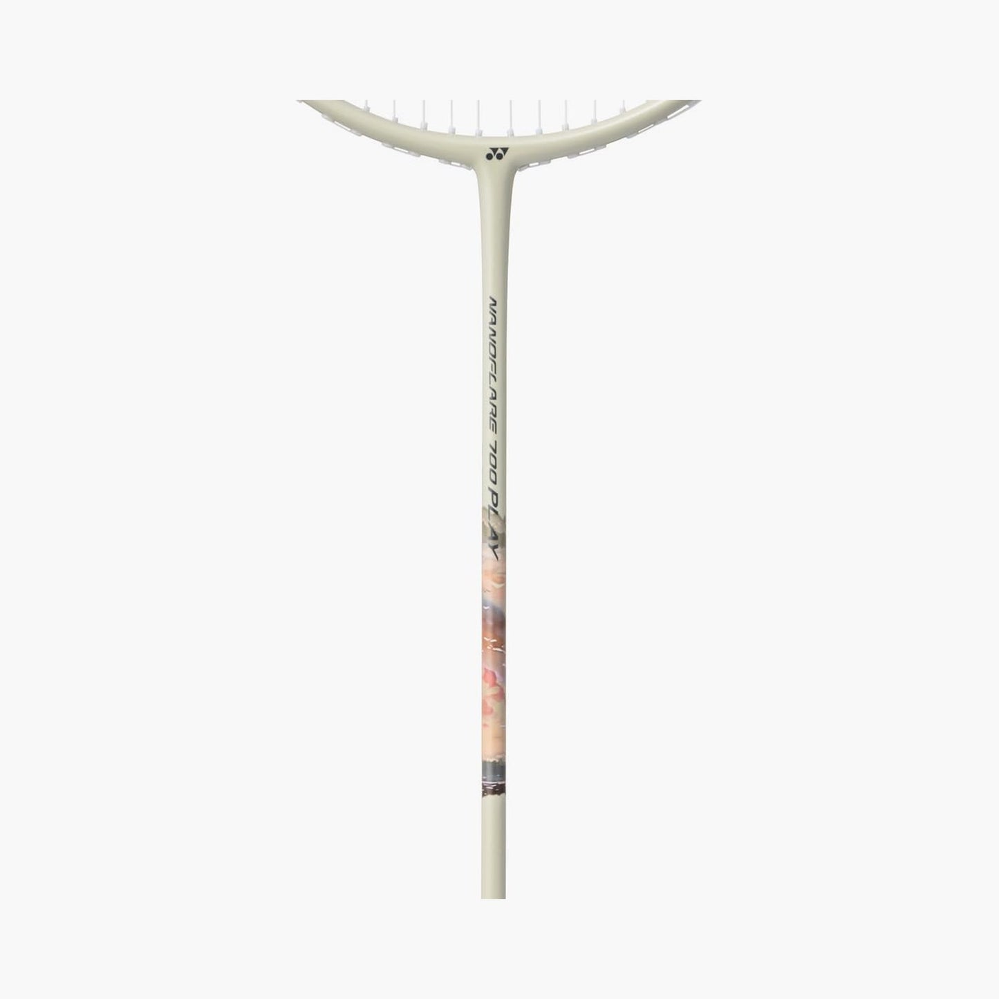 Angled view of the Yonex Nanoflare 700 Play badminton racquet head and grip, showing silver frame and green Yonex end-cap logo