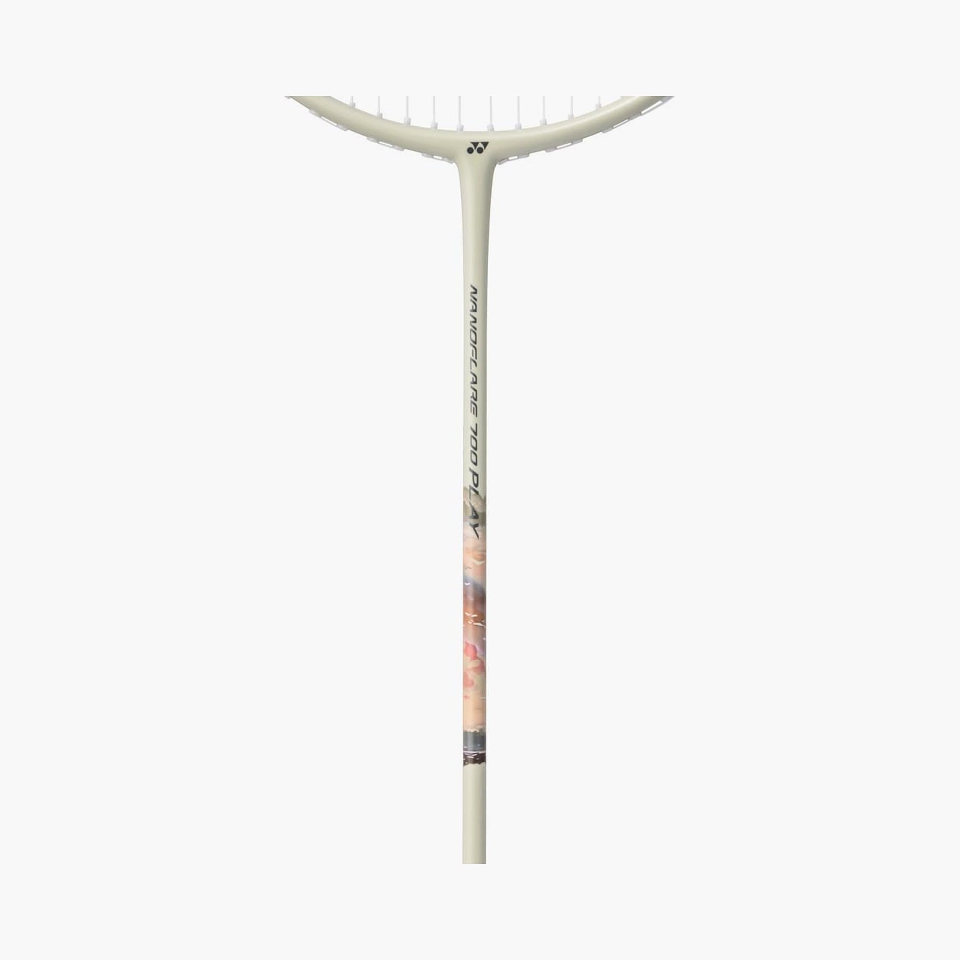 Angled view of the Yonex Nanoflare 700 Play badminton racquet head and grip, showing silver frame and green Yonex end-cap logo