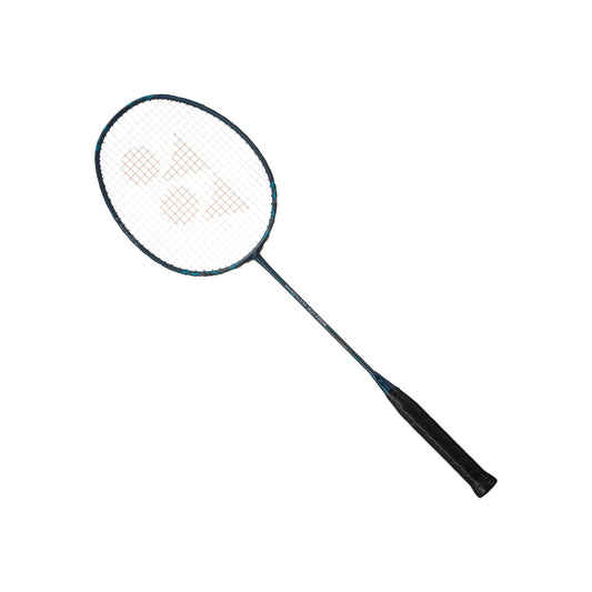 Yonex Nanoflare 800 Tour badminton racquet in deep green angled strung view showing orange Yonex logo pattern and graphite frame