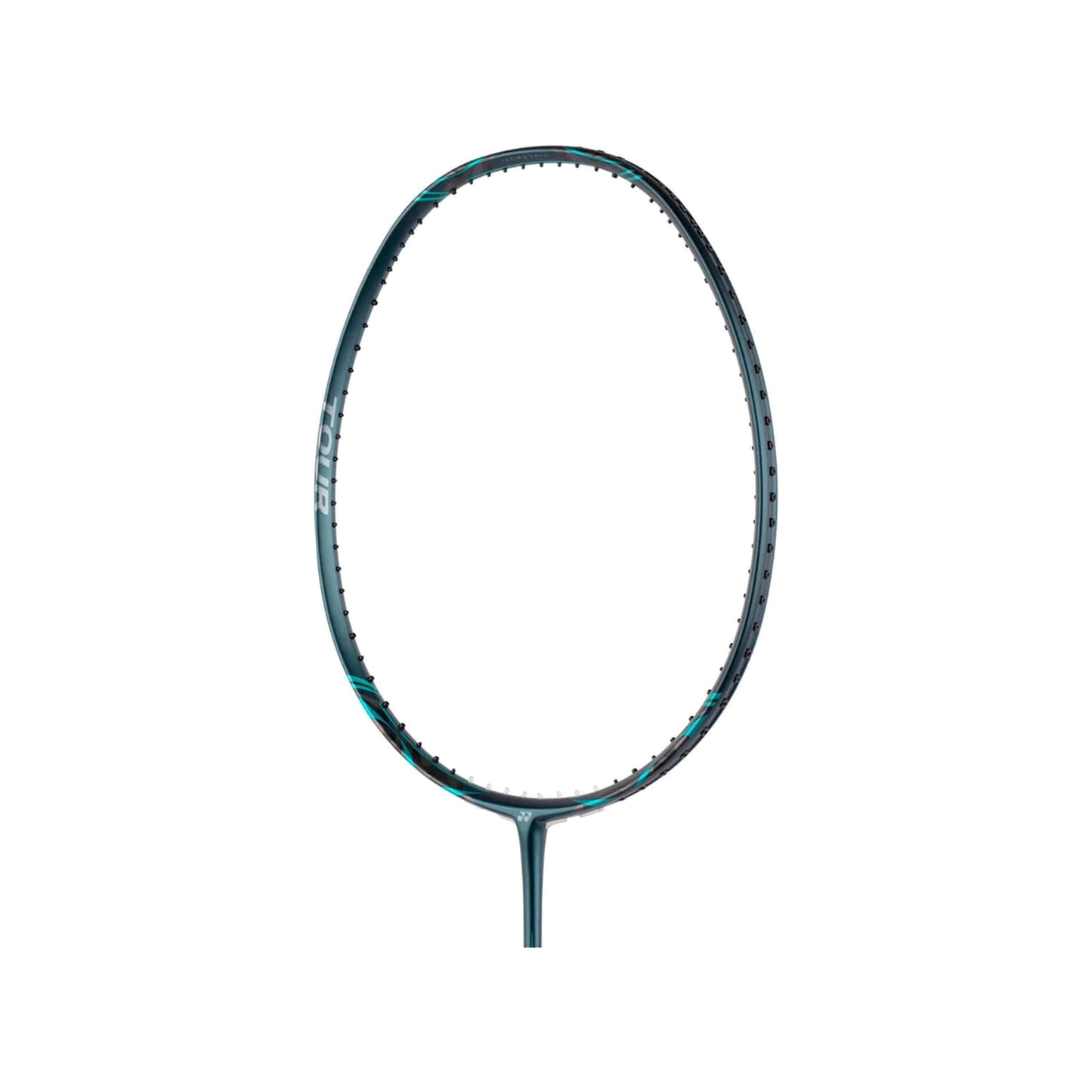Close-up of the unstrung Yonex Nanoflare 800 Tour badminton racquet head with "Tour" branding and teal accents