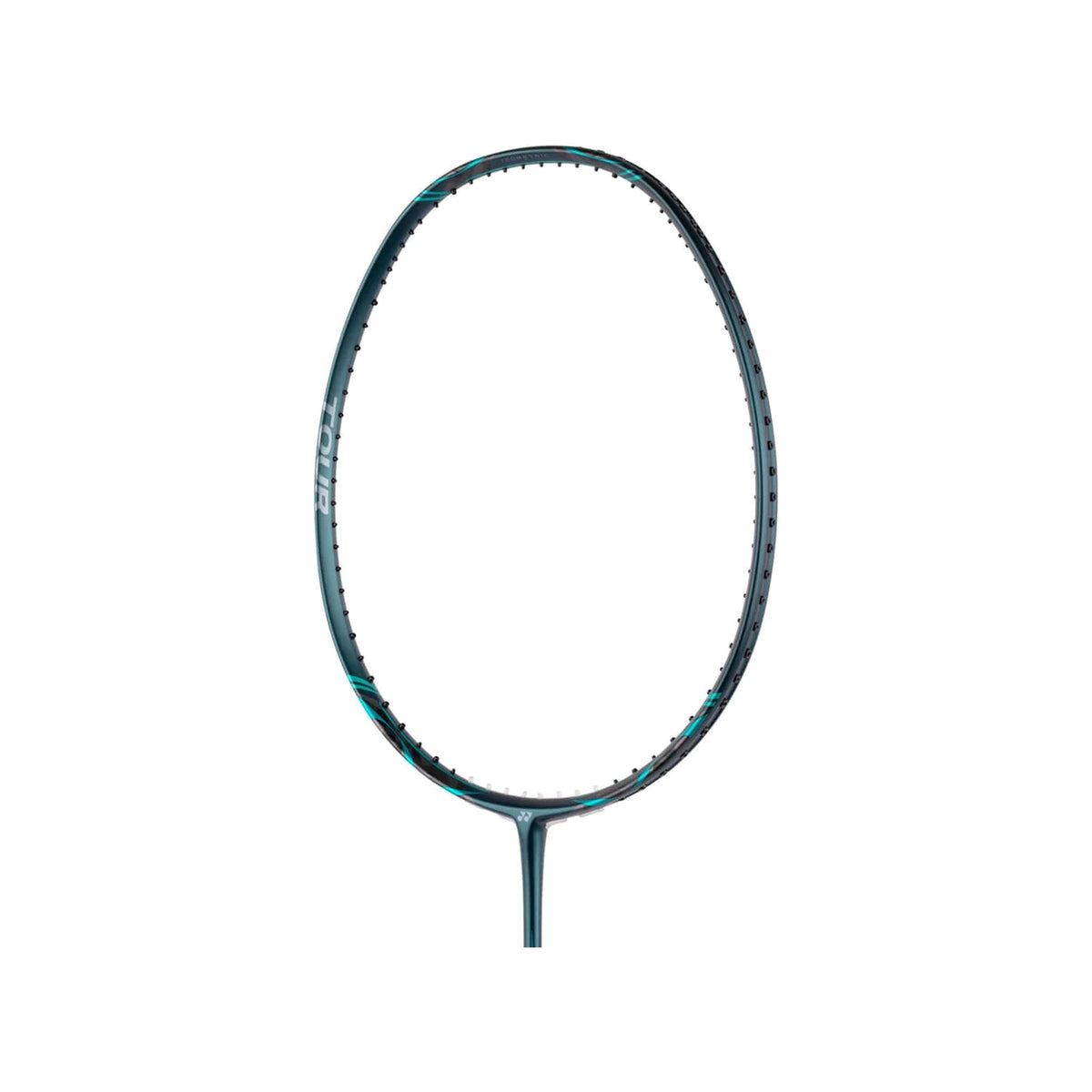 Close-up of the unstrung Yonex Nanoflare 800 Tour badminton racquet head with "Tour" branding and teal accents