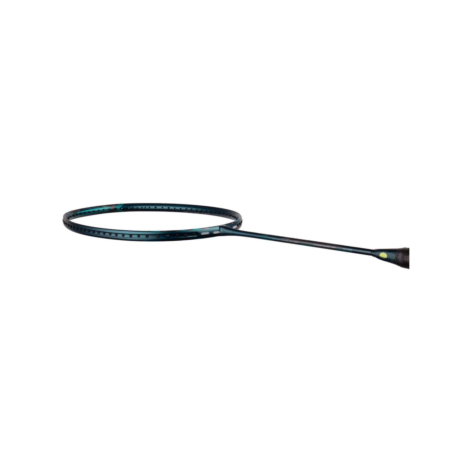 Side profile of the unstrung Yonex Nanoflare 800 Tour badminton racquet frame showing grommet holes and graphite construction