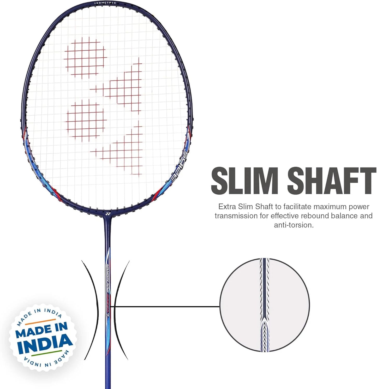 Angled action view of Yonex Nanoflare Speed 7 blue badminton racquet showcasing fast swing frame and aerodynamic speed-focused design