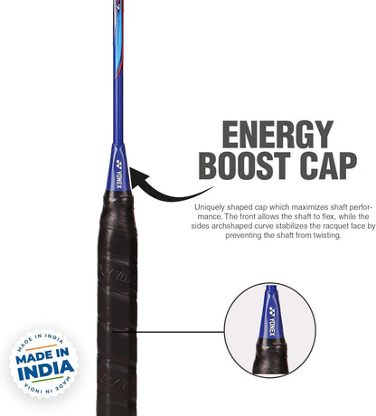 Close-up of Yonex Nanoflare Speed 7 blue badminton racquet handle grip with textured wrap for enhanced comfort and control