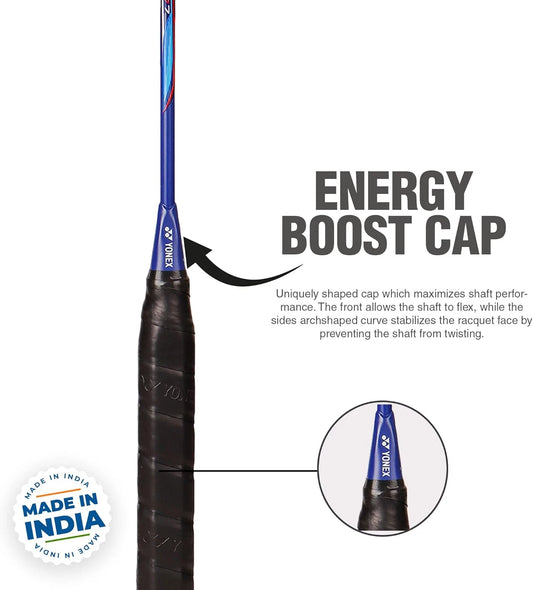Close-up of Yonex Nanoflare Speed 7 blue badminton racquet handle grip with textured wrap for enhanced comfort and control