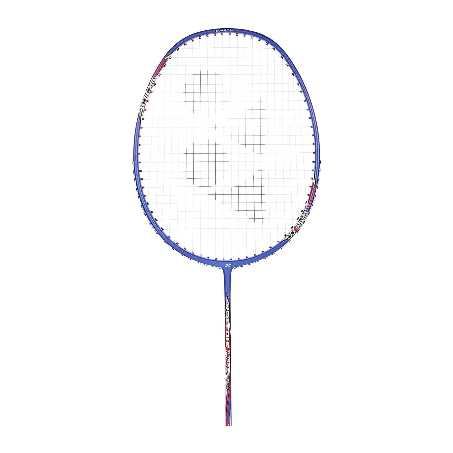 Close-up of the Yonex Voltric Lite 35i badminton racquet head with red Yonex logo, blue frame and isometric string bed
