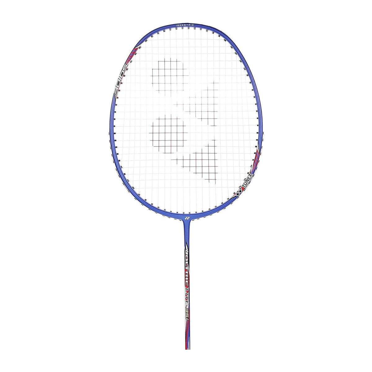 Close-up of the Yonex Voltric Lite 35i badminton racquet head with red Yonex logo, blue frame and isometric string bed
